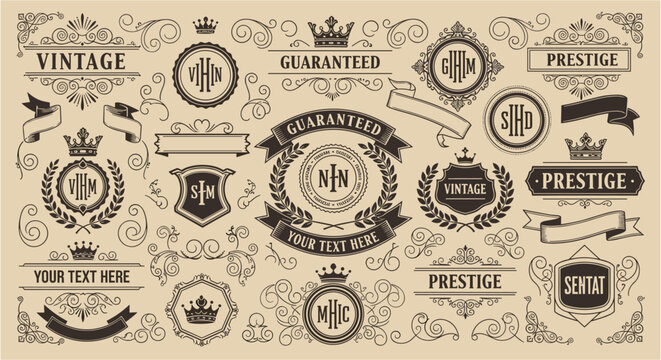 Vintage decorative elements set with badges frames ribbons crowns shields and labels with typography. Vector engraving style illustration isolated on beige background. Retro branding concept. Design 