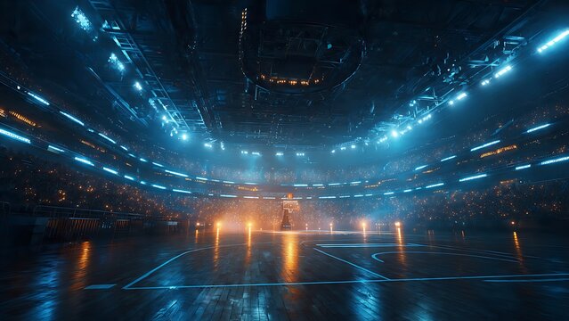 A futuristic basketball arena glows with neon lights during a nighttime sports event with a sleek basketball court and vibrant audience in the stands.