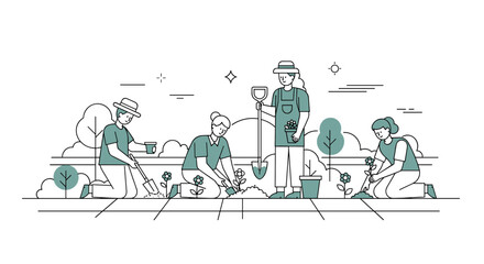 Obraz premium Diverse group of people planting flowers and gardening together in a park setting