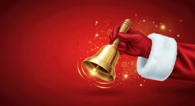 A hand holding a gold bell against a red background with glowing lights.