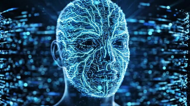 Hyper-realistic 4K cinematic video of an abstract digital human face emerging from darkness, composed of flowing data streams and glowing particles. The face slowly rotates 