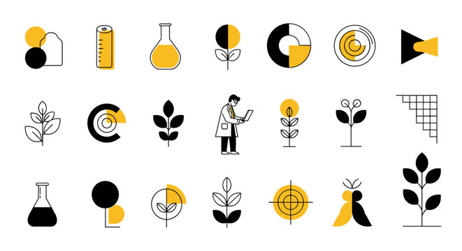Collection of modern flat icons representing science, nature, and technology concepts