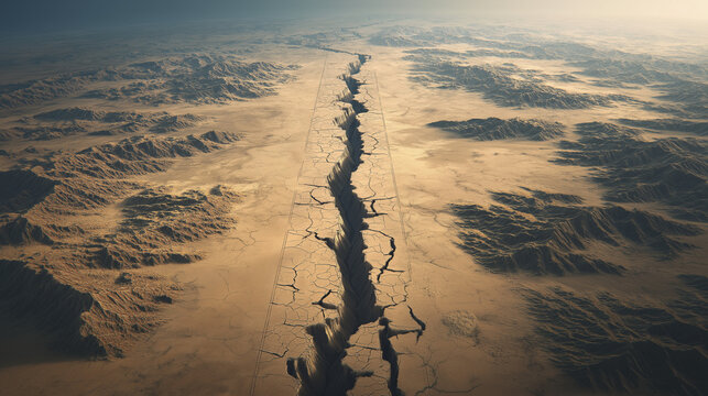 dislocation. Aerial view of a cracked desert highway with severe lateral dislocation. travel magazines, destination branding, designed for outdoor magazines and nature guides.