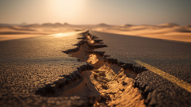 dislocation. Aerial view of a cracked desert highway with severe lateral dislocation. travel magazines, destination branding, designed for outdoor magazines and nature guides.