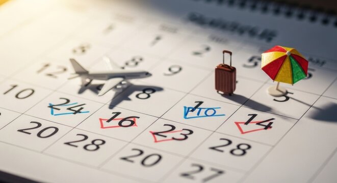 A calendar with a toy airplane, suitcase, and umbrella on it.
