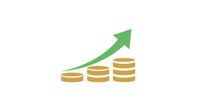 Depiction of financial growth with rising stacks of coins and upward-pointing arrow.
