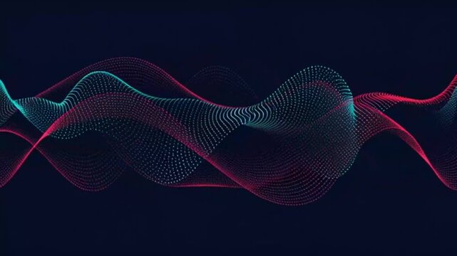 Vibrant pink and teal wavy lines intersect on a dark background