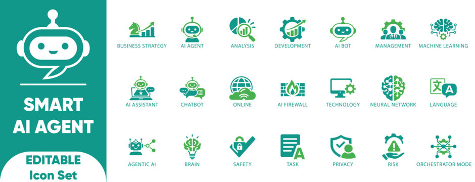 Smart AI agent icon set. brain, editable, future, learning, support, talk, ai, bot, and solid icons.