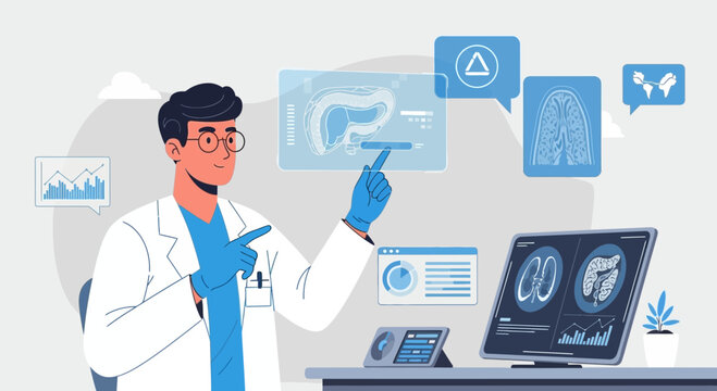Doctor analyzing futuristic medical scan on holographic display, advanced healthcare technology