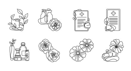 Fototapeta premium Set of herbal medicine and natural remedy line icons with plants, bottles and healthcare elements.