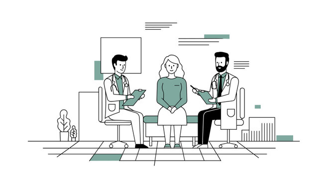 Two doctors consult with a female patient in a modern clinic setting, discussing medical charts