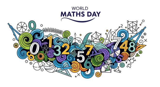 Colorful illustration celebrating World Maths Day with math symbols and numbers in a vibrant, swirling design on a white background.