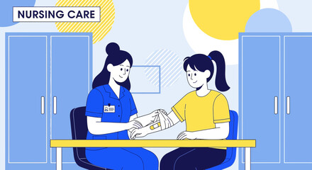 Naklejka premium Nurse applying bandage to patient's arm, nursing care concept