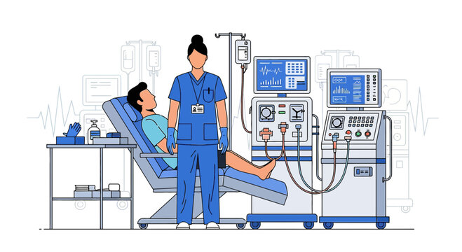 Nurse and Patient in Dialysis Treatment Room with Medical Equipment