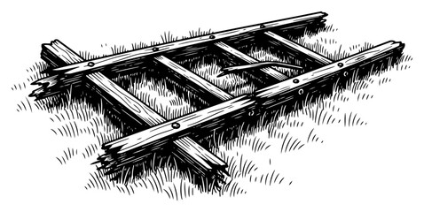 Broken wooden ladder lying on the grass in a hand drawn woodcut style © AnjaliDesai