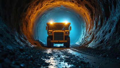 Fototapeta premium Yellow mining truck drives through dark underground tunnel. Heavy vehicle transports ore minerals from cavern. Worker operates machine in deep mine. Industrial scene, earth excavation.