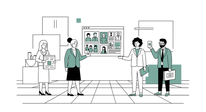 Diverse team collaborating on a digital interface showcasing employee profiles and data