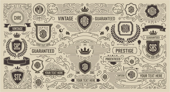 Vintage ornamental design elements with shields, crowns, and banners for branding