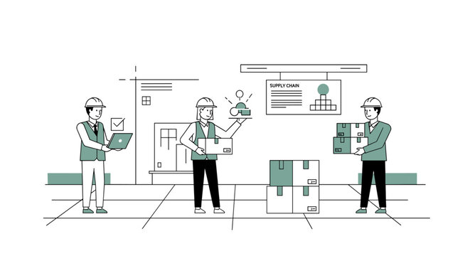 Warehouse workers managing inventory and logistics with technology and data visualization