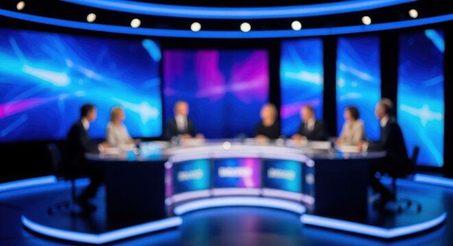 A defocused television studio set with a blue and purple backdrop and a round table with a group of people in business attire.