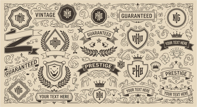 Vintage design elements and monograms for labels and badges, a collection of ornate frames