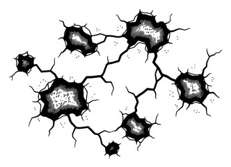Interconnected jagged craters and deep cracks in a heavy woodcut engraving style © AnjaliDesai