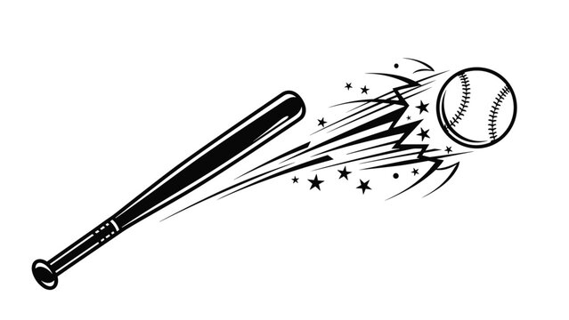 Dynamic black and white illustration of a baseball bat hitting a ball with impact lines and stars representing a home run or power hit.