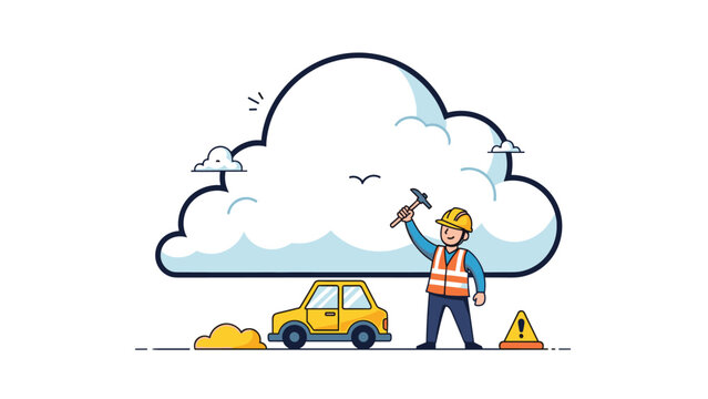 Illustration of a construction worker standing near a small car under a large white cloud symbolizing cloud computing or development.