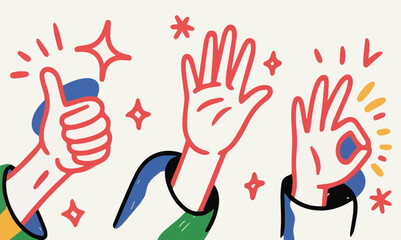 Fototapeta premium Diverse hands in a playful, cartoon style emerge, displaying gestures of approval like thumbs up, open palms, and the OK sign. Surrounded by colorful shapes and festive stars, conveying positivity