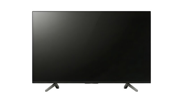 Black flat screen LED television on stand with blank screen isolated on transparent background