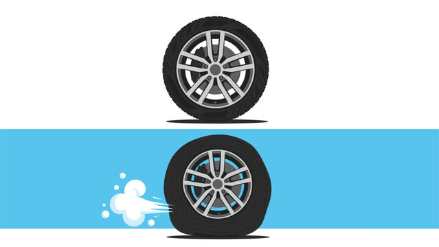 Informative illustration comparing a fully inflated car tire on a rim with a flat tire leaking air and losing pressure on a blue road.