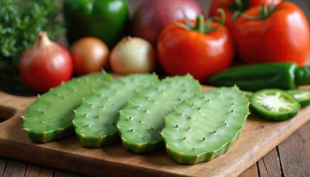 Fresh nopales cactus slices with tomatoes, onions, and peppers on a wooden cutting board. Ingredients ready for Mexican cuisine preparation, healthy vegan meal.