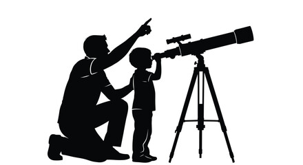 Silhouette of a man and child exploring the night sky with a telescope © Sojib
