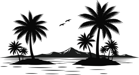 Obraz premium Tropical island silhouette with palm trees and mountain range