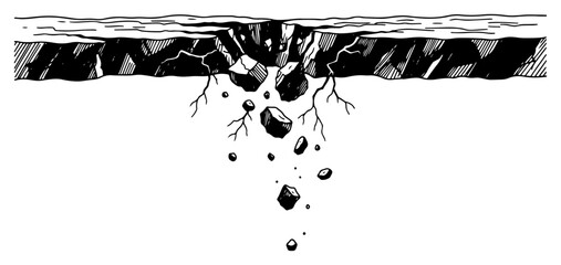 Hand drawn deep crack in the ground with falling stones in vintage engraving style © AnjaliDesai