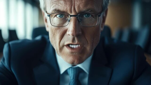 A man in a suit and tie, looking intense with a focused expression in an office environment.