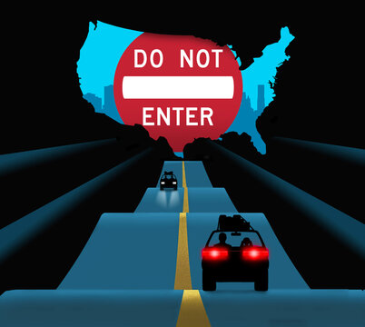 Would be immigrants are stopped at the border by a do not enter sign. This is a 3-d illustration.
