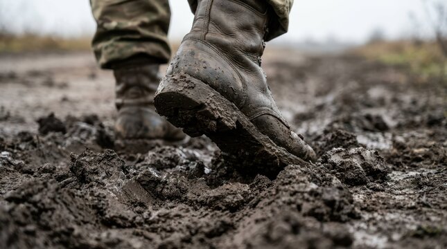 Soldier Walking Through Mud in Military Boots on a Rainy Day