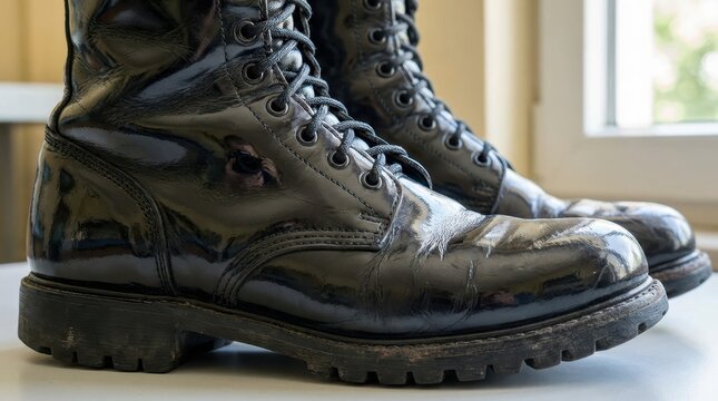 Polished Black Leather Military Boots on White Surface Near Window