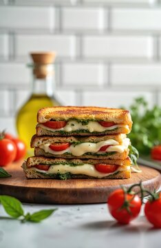 Stack of three grilled panini sandwiches with melted mozzarella cheese, fresh tomato slices, green pesto spread. Presented on rustic wooden board with scattered basil leaves, bottle of olive oil in