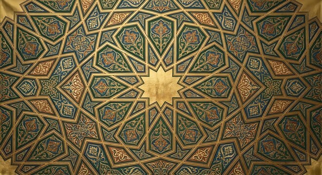 Highly Detailed Golden Islamic Star Mosaic Pattern with Intricate Arabesque Tile Design