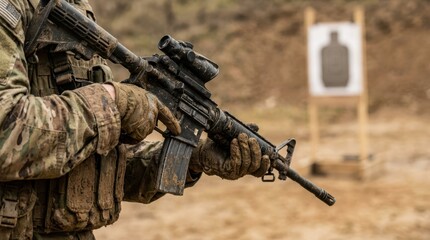 Soldier Holding Rifle at Shooting Range with Target in Background