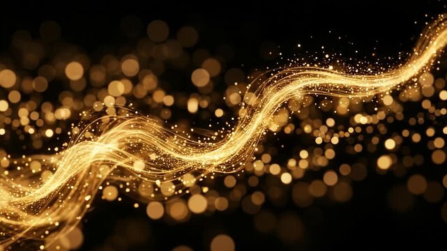 Golden glowing light waves with shimmering particles and soft bokeh background on black