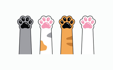 Four cartoon paws wave cheerfully. Gray, white, orange, and pink paws peek from above. Each paw has a distinct design and color. Simple background adds playful focus © rochmuch
