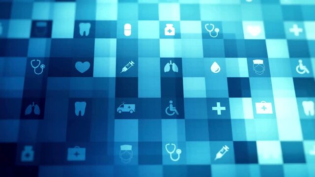 Blue pixelated background with various medical icons and symbols arranged in a grid pattern for healthcare concepts