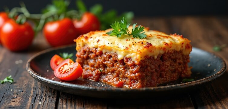 Greek moussaka with rich meat sauce and creamy topping served on dark plate with fresh tomatoes. Delicious meal from Mediterranean cuisine is perfect for dinner.
