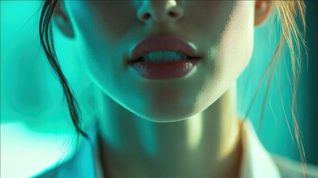 A woman's face with a digital glitch and stylized effect overlaying her features. The video has an abstract, distorted graphic design element that gives it a modern and fashionable look.