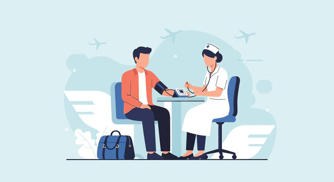 Nurse checks passenger's blood pressure at airport clinic, travel health check