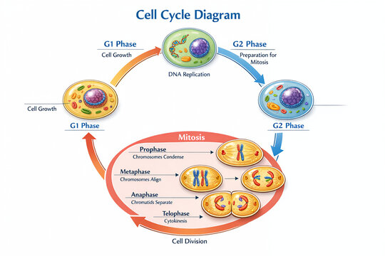 Cell Cycle Diagram Showing Interphase, DNA Replication and Mitosis Stages with Chromosome Separation