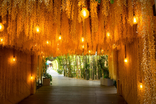Artificial flower and leaf to decorated on the wall and ceiling look like tunnel with lightings and  Light at the end of the tunnel.